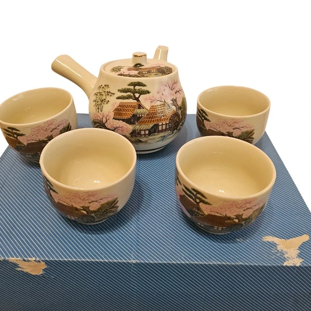 Vintage Japanese Satsuma Style Tea‎ Set Kyusu Teapot 4 Cups Cherry Blossom Scene